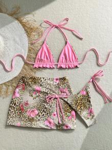Soleia 3-Piece Women Leopard Print & Pink Reversible Bikini Set, Women Swimwear, Women Vacation Outfit, Women Summer Wear, Women Sexy Beach Outfit, Thong, Tie-Up, Sexy Style, Women Beach Vacation Swimsuit - Multicolor - View 2