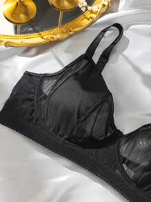 Plus Size Black Lace Patchwork Underwire Bra - Black - View 3