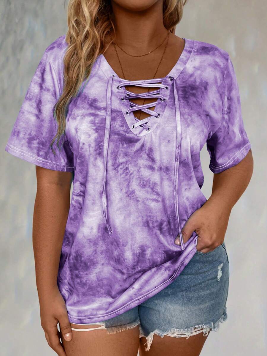 Plus Tie Dye Lace Up Front Tee Graphic Tees Women Tops - Multicolor - View 1