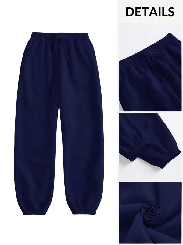 SHEIN BASICS Women's Casual Navy Blue Cropped Knitted Pants With Soft Fabric And Lace-Up Detailing