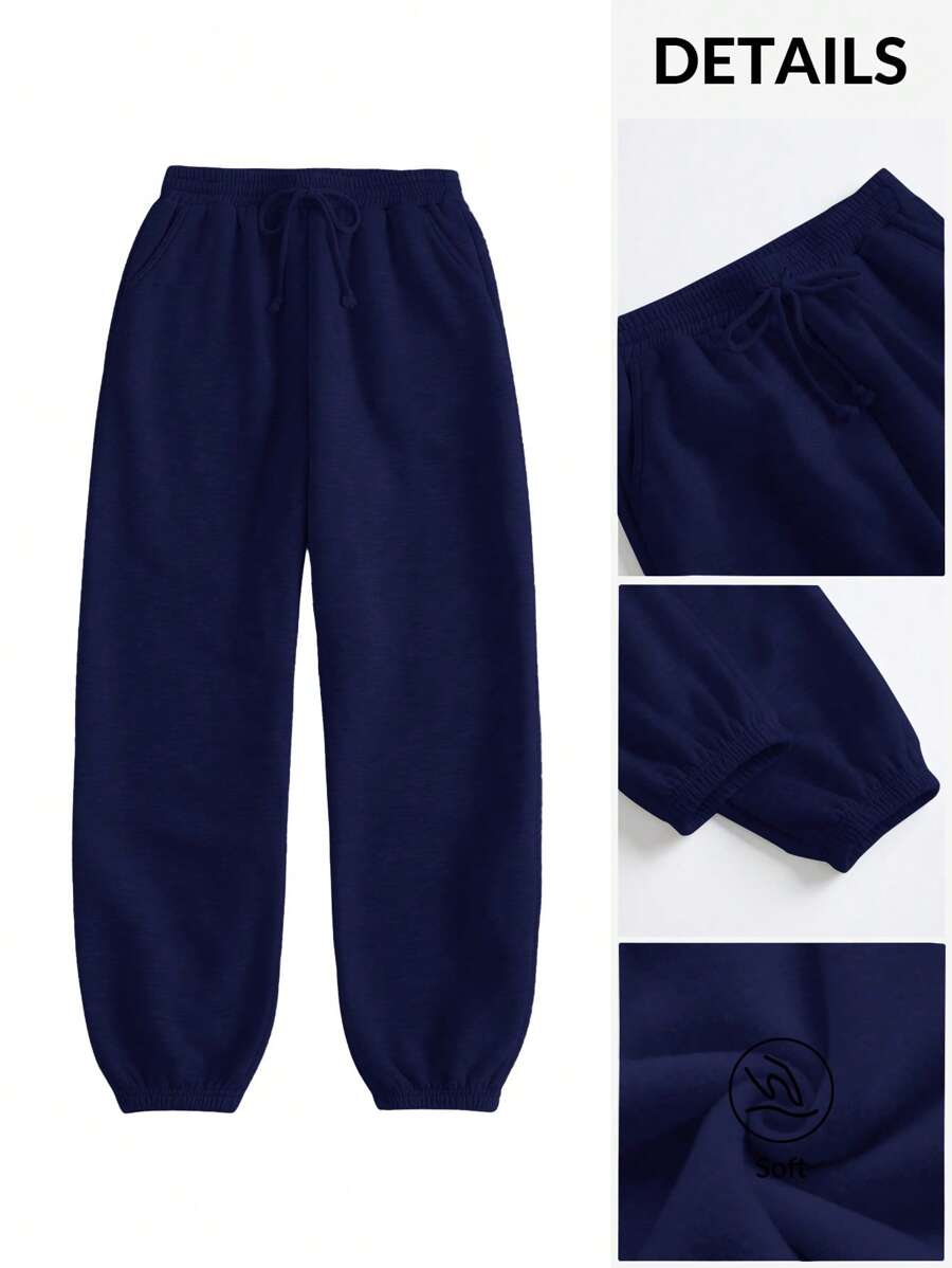 SHEIN BASICS 休闲宽松口袋纯色针织女裤 - 藏蓝色 - 查看 1