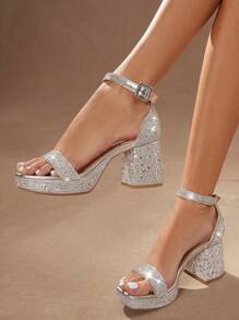 SHUZIA RedCarpetReady Women's Crystal-Encrusted Silver Platform Heels -Multi-Cut Rhinestone Straps & Adjustable Ankle Lock | Stabilized Block Heel For Wedding Galas To Black Tie Events For Christmas Valentine's Day - Silver - View 2