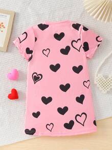 Valentine's Day Young Girl Girls Cute Sweetheart Cat Pattern Round Neck Short Sleeve Long Nightgown Homewear - Multicolor - View 2