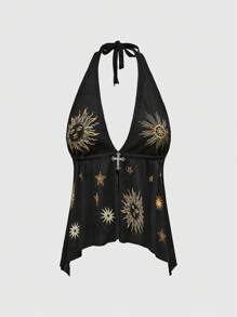 ROMWE Retro Hippie Star & Moon Embroidered Halter Back Sexy Knit Top For Women - Black - View 5