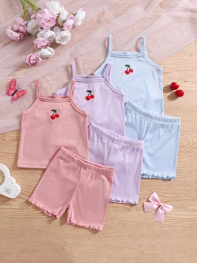 3-Piece Young Girl Spring/Summer Floral Embroidered Bow Vest & Shorts Combo Underwear Set