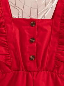 SHEIN Elladie kids Young Girl Solid Color Ruffle Trim Button Jumpsuit, Casual - Red - View 6