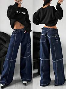 SHEIN ICON Y2k Women's Going Out Low-Rise Cargo Pocket Flared Leg Casual Jeans