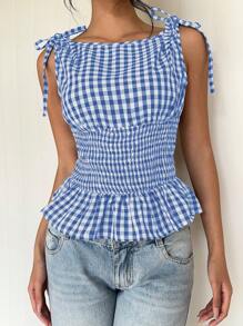 Aloruh Women's New Plaid Retro Romantic Date Afternoon Tea Bow Collar Slim Fit Ruffle Hem Camisole Y2K Style Top, Cute Casual Blouse