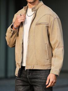 Manfinity LEGND Men's Khaki Denim Jacket With Stand Collar Zipper Details And Wrist-Length Sleeves