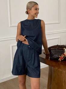 Livesso 2 件套女士露背牛仔衬衫和短裤，深水洗蓝色