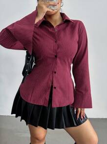 Vibekara Plus Size College Striped Slim Fit Long Sleeve Shirt Fall Cloth For Women - Burgundy - View 3