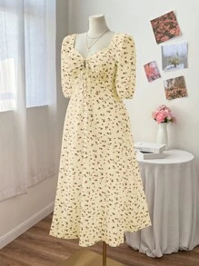 Sunnyshic Vestito elegante e carino per appuntamenti e feste, con scollo a V, colletto con strass e vita con fiocco, adatto per vacanze, taglie oversize
