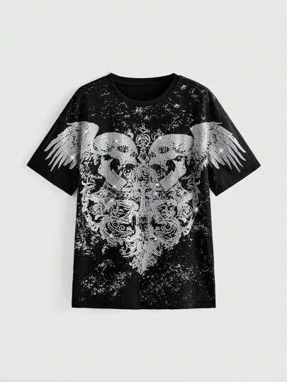 Goth Women's Dark Skull, Cross, Wing Rhinestone Decor Oversized T-Shirt