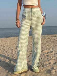Jouncy 女士休闲高开叉双色格子长裤，简约风格适合夏季 - 綠色 - 查看 4