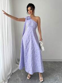 Elenzga Elegant Commuter Jacquard Bowknot Decor Dress - Purple - View 4