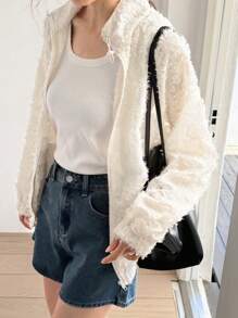 DAZY 新款夏季宽松休闲提花纹理常规女式夹克外套 - 白色 - 查看 6