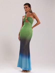 SHEIN BAE 女士性感海星金属装饰假日沙滩装夏装镂空音乐节装领绿色渐变印花夏季长裙 - 藍色 - 查看 1