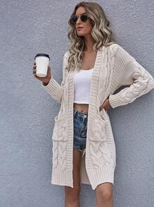 RueChic Dual Pocket Cable Knit Drop Shoulder Cardigan - Beige - View 4