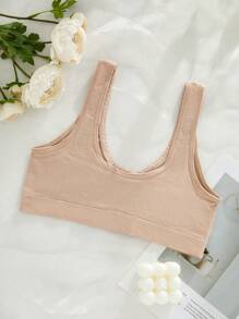 Women Solid Color Simple Seamless Front Clasp Wirelsess Wide Shoulder Strap Bra With Small Lace Trim Comfortable Daily Bra. - Apricot - View 5