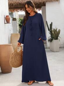 EMERY ROSE Women's Solid Color Front Tie Long Sleeve Pockets Casual Loose Dress - Navy Blue - View 7