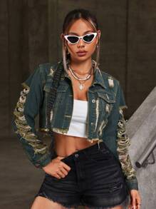SHEIN ICON Fashionable Casual Destroyed Frayed Front Button Denim Jacket, Short Style - Dark Wash - View 7
