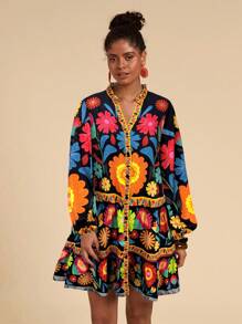 Travachic Váy xòe rộng in họa tiết, tay dài, váy phụ nữ Mexico, váy thường ngày đi nghỉ - màu đen - Xem 3