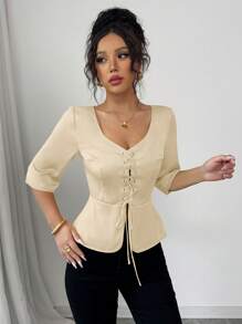 Elenzga Blusa de mujer minimalista y refinada con cuello en forma de corazón, manga corta, cintura con parche y nudo delantero para primavera/verano