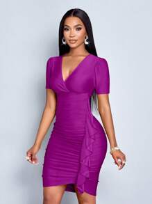 SOLERSUN Vestido rojo navideño con volantes y flecos, escote profundo en V, conjunto sexy - Morado - Ver 5