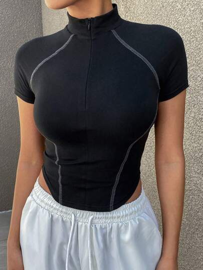 DAZY Women's Half-Zip Stand Collar Short Sleeve Fitted Cropped Athletic Look Base Layer T-Shirt