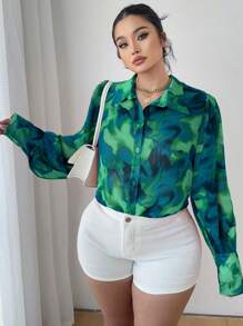 Elenzga Plus Size Women Tie-Dye Print Long Sleeve Single-Breasted Casual Shirt Fall Cloth For Women - Green - View 2