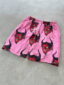 PAVTROS Men's Casual Pink Shorts With All-Over Devil Print: Comfortable Fabric Short Length And Pockets For Everyday Wear - Multicolor - View 5