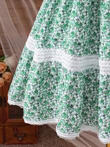 1pc Ruffle Trim Short Sleeve Blouse Patchwork Ditsy Floral Crochet Lace Bohemian Dress For Tween Girls - Green - View 6