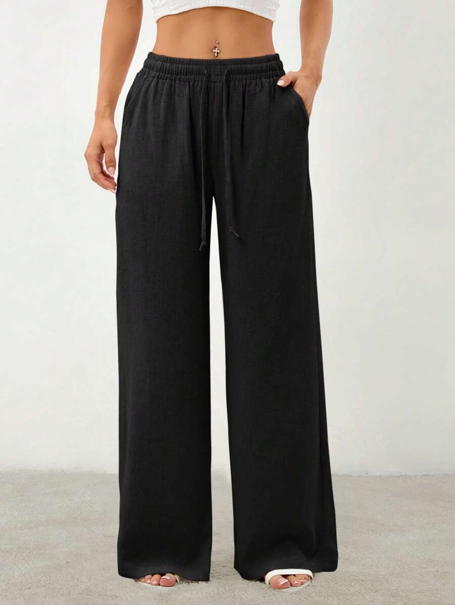 SHEIN PETITE Women's Tie-Front Trousers With Pockets Festival - Black - View 1