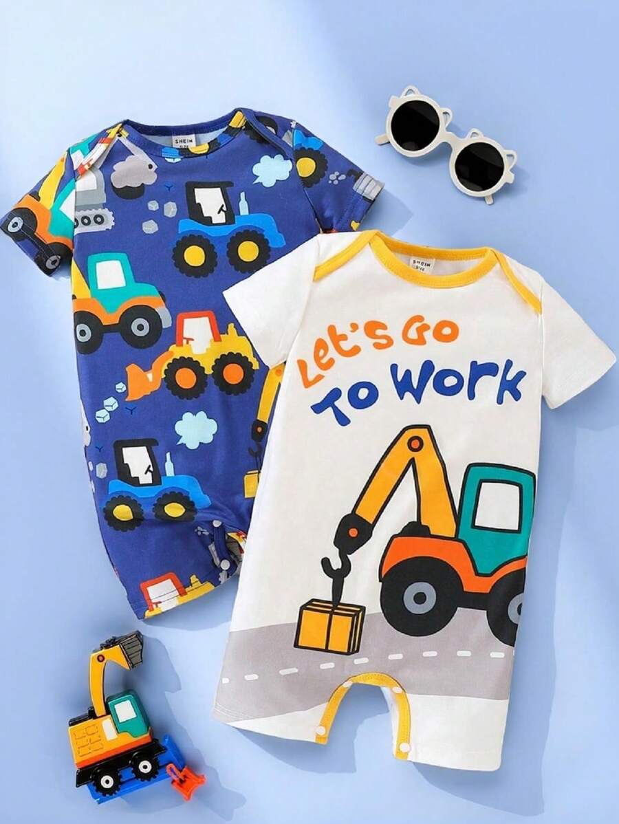 SHEIN 2 件套幼儿男童可爱建筑机械印花短袖连体衣，春夏