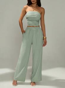 SHEIN PETITE 女士 2 件套夏季休闲纯色褶饰抹胸上衣和长裤 - 綠色 - 查看 3