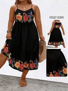 SHEIN CURVE+ Plus Size Women Floral Print Spaghetti Strap Vacation Casual Swing Dress - Black - View 1