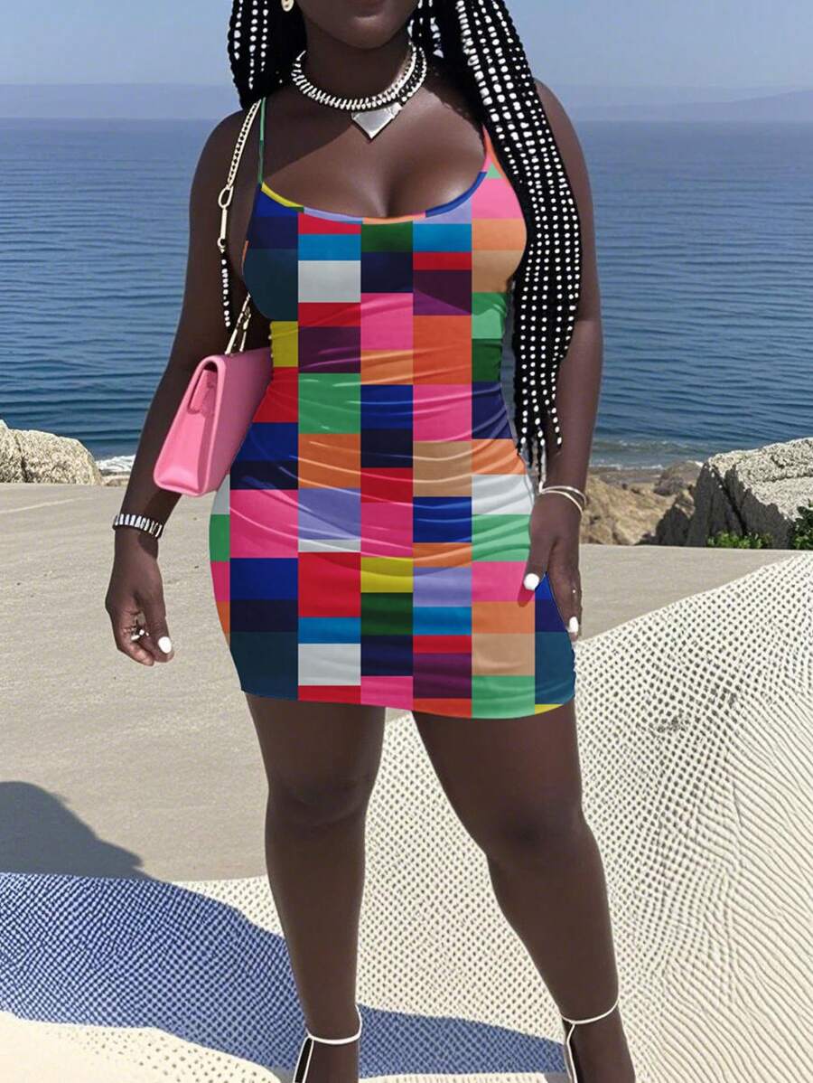 Slaydiva Casual Spaghetti Strap Colorful Stripe Denim Effect Fabric All Over Printed Mini Tight Dress, Suitable For Summer - Multicolor - View 1