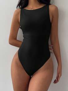 SHEIN BASICS Women's Solid Color Knit Backless Bodysuit - Black - View 2