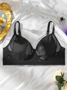 Plus Size Black Lace Patchwork Underwire Bra - Black - View 1