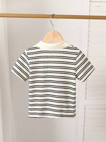 SHEIN Playful Pals 1 chiếc áo thun polo cổ chữ V dệt kim kẻ sọc tổ ong thường ngày cho bé trai, phù hợp cho bé trai từ 4-7 tuổi mặc vào mùa xuân/hè - Màu be - Xem 2