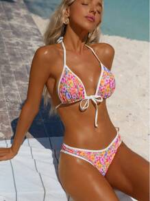 Swim Vcay Ladies' Spring/Summer Beach Sexy Flower Print Random Neck Hanging High Cut Pants Bikini Set - Multicolor - View 4