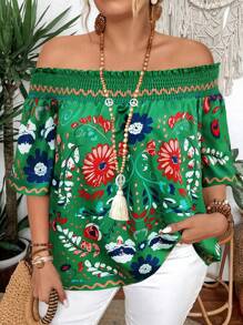 SHEIN Clasi Áo cánh thường ngày in họa tiết lưng thun trễ vai cỡ lớn - màu xanh lá - Xem 3