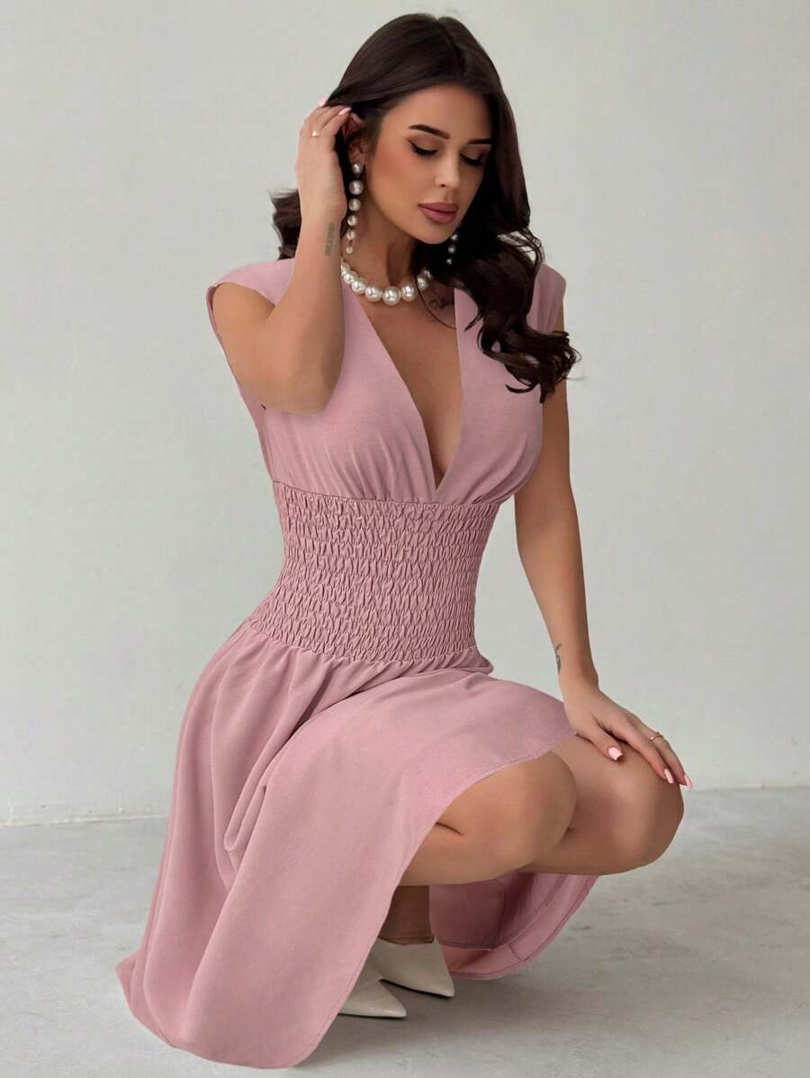 Firerie 女士优雅褶皱无袖收腰 A 字中长连衣裙，适合休闲场合 - 藕粉色 - 查看 1