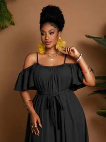 Maweii Vestido elegante con volantes de unicolor y hombros descubiertos para mujer de talla grande, adecuado para vacaciones - Negro - Ver 3