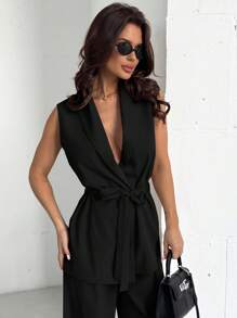 Firerie Women's Elegant Minimalist Casual Commute Daily Vacation Suit, Including Lapel Belt Sleeveless Loose Jacket Shirt And High Waist Wide Leg Khaki Pants 2 Pieces Set In Fall/Winter - Black - View 1