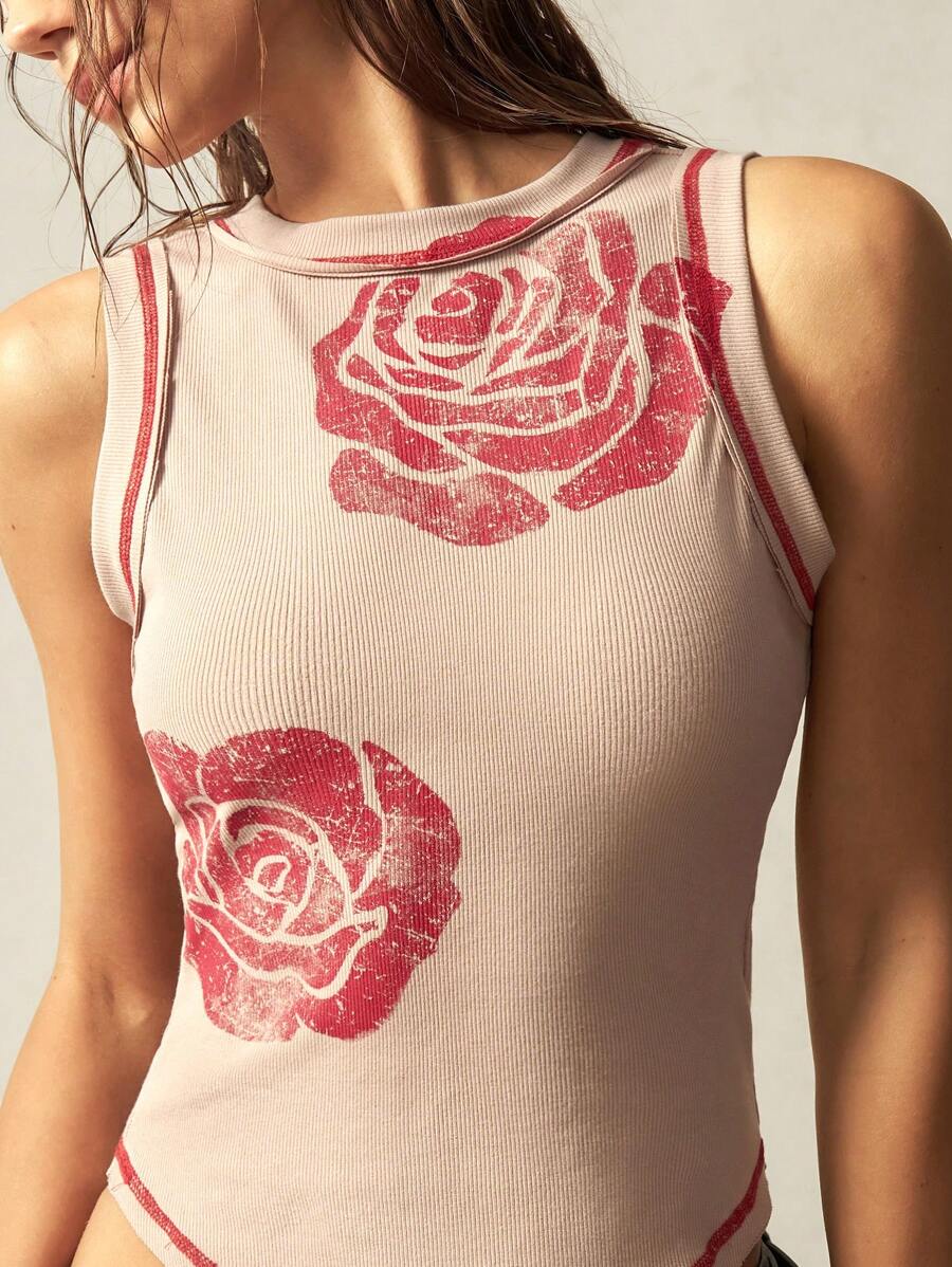 Bohemela Women's Western-Inspired Print Fitted Knit Tank Top, Summer