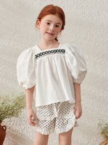 Blossori Girls Loose Fitting French Style Elegant Pullover Top/Shorts Set, Spring/Summer - Black and White - View 7
