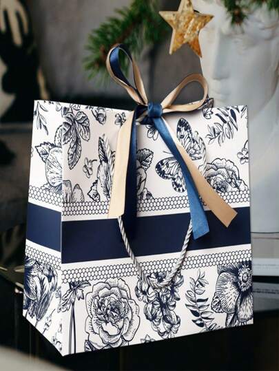 SHEIN 大号礼品袋，带复古花卉礼品袋和丝带，适合生日、父亲节、儿童节、派对或零售使用（1 件，无文字）