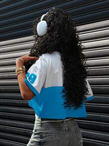 SHEIN Coolane Women's Summer Casual Color Block Letter Print Cropped T-Shirt - Multicolor - View 2