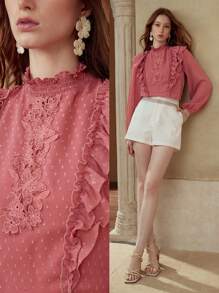 PREMIUM CONTRAST LACE RUFFLE TRIM BLOUSE - Red - View 7